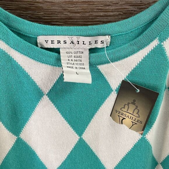 Versailles Diamond Argyle Cotton Tank Top Teal White Vintage NWT - Picture 5 of 8